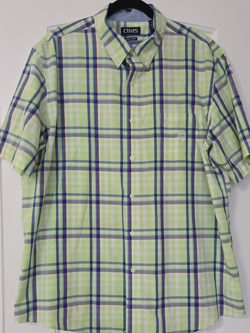 Chaps Men’s Button-Down Short Sleeve Plaid Shirt in Light Green and Blue